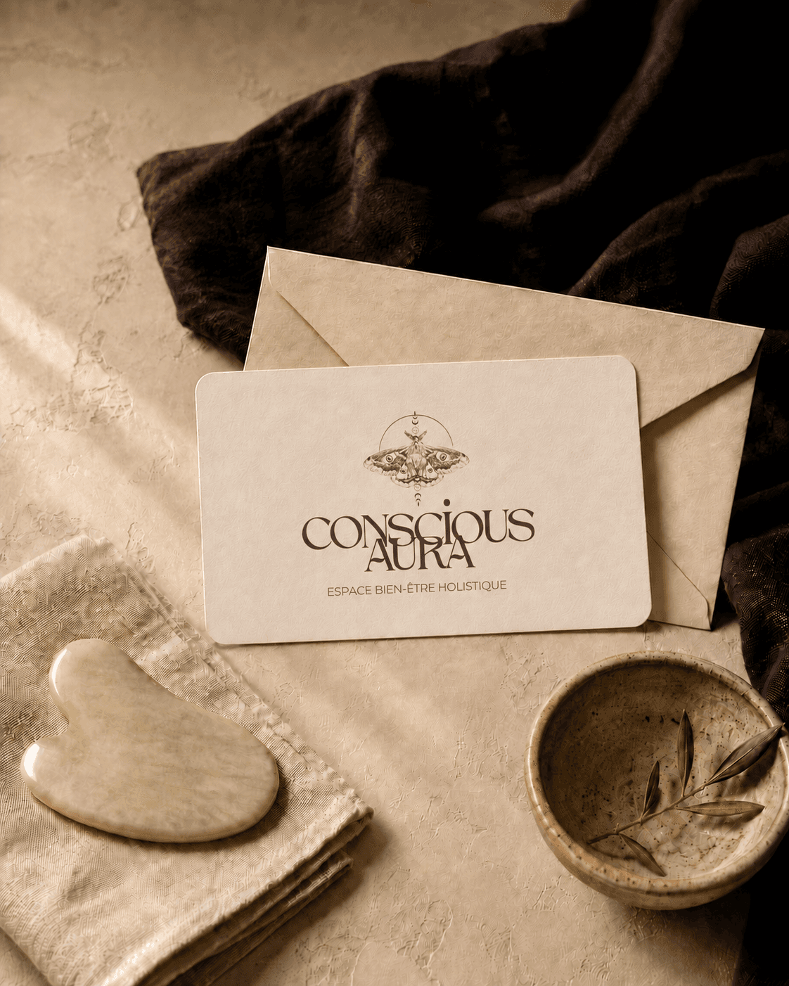 Carte cadeau Conscious Aura avec gua sha et accessoires de soin